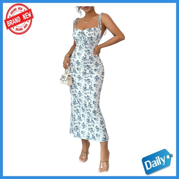Dresses & Skirts - Floral Fishtail Midi Dress Tie Shoulder Spaghetti Strap Summer Casual